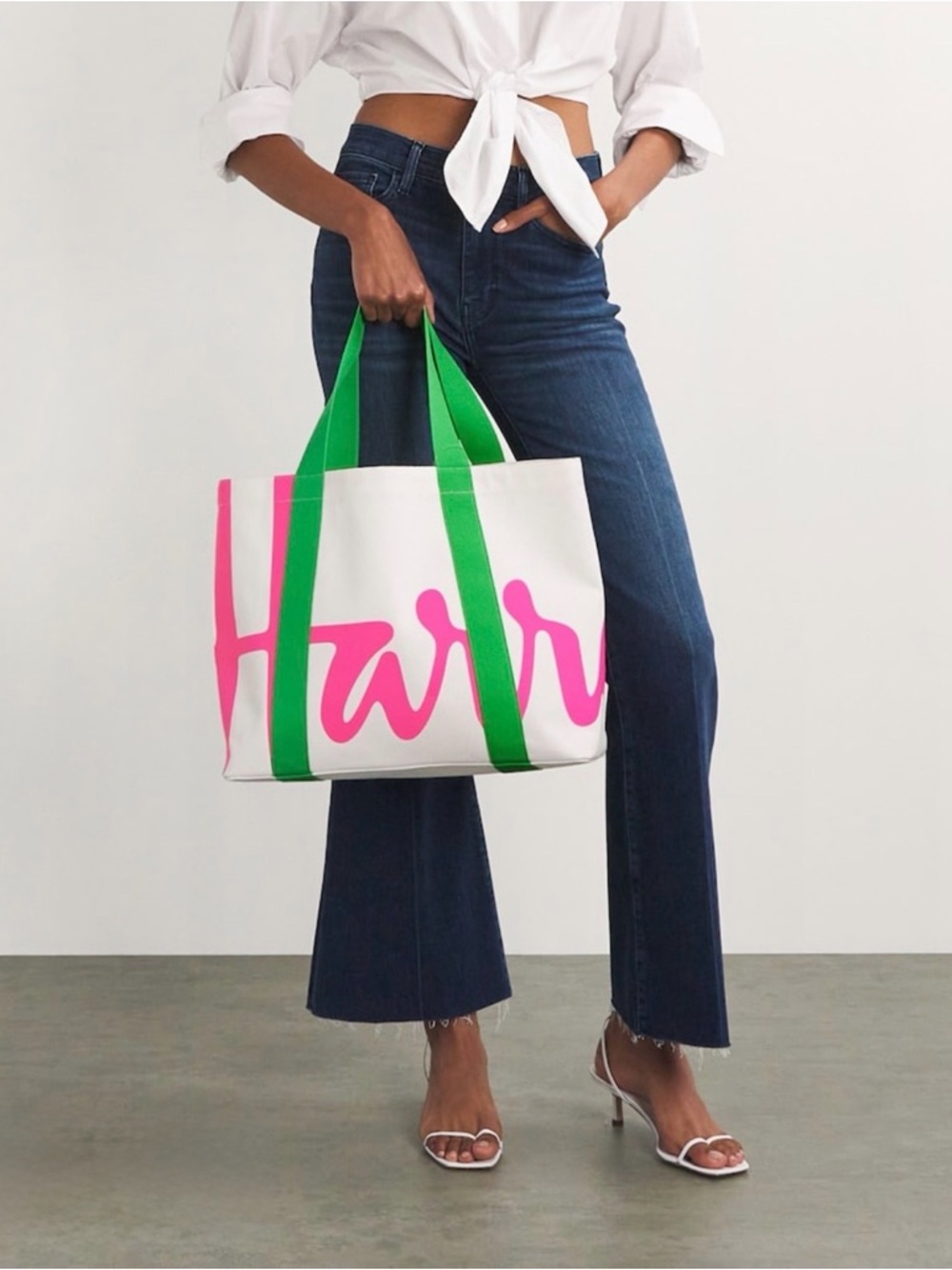 Harrods White Tote with Pink Script and Green Handles - Picture 2 of 5